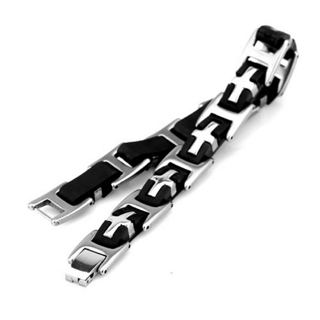 Flongo Herren-Armband Aus Edelstahl & Kautschuk – Fahrradketten-Design, Silber/schwarz, Innenumfang 19,5 Cm