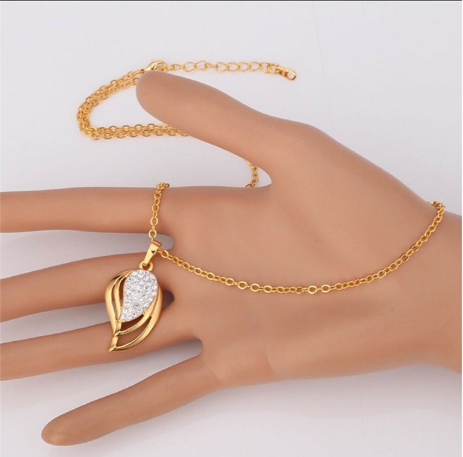 Damen Halskette Gold mit Strass-Steine Blatt Anhänger Kette 18