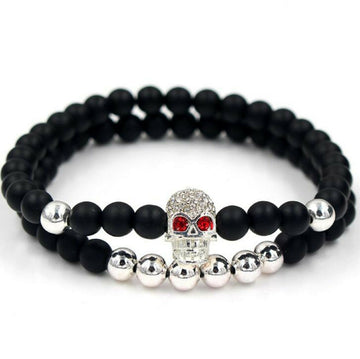 Herren Damen Armband Totenkopf Skull Naturstein Perlen Strass Silber Rose Gold