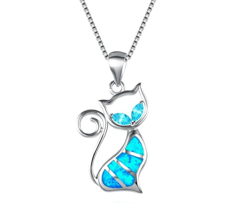 Damen Halskette 925 Sterling Silber mit Katze Blau verziert mit Saphir Edelsteinen Blau Gold Silber Weiß Schwarz