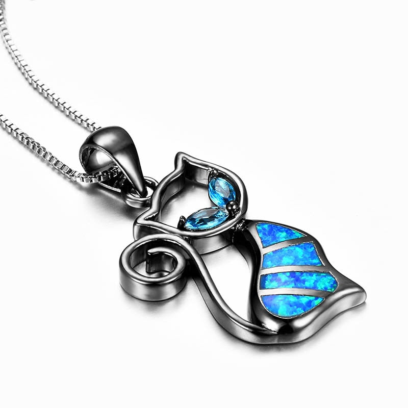 Damen Halskette 925 Sterling Silber mit Katze Blau verziert mit Saphir Edelsteinen Blau Gold Silber Weiß Schwarz