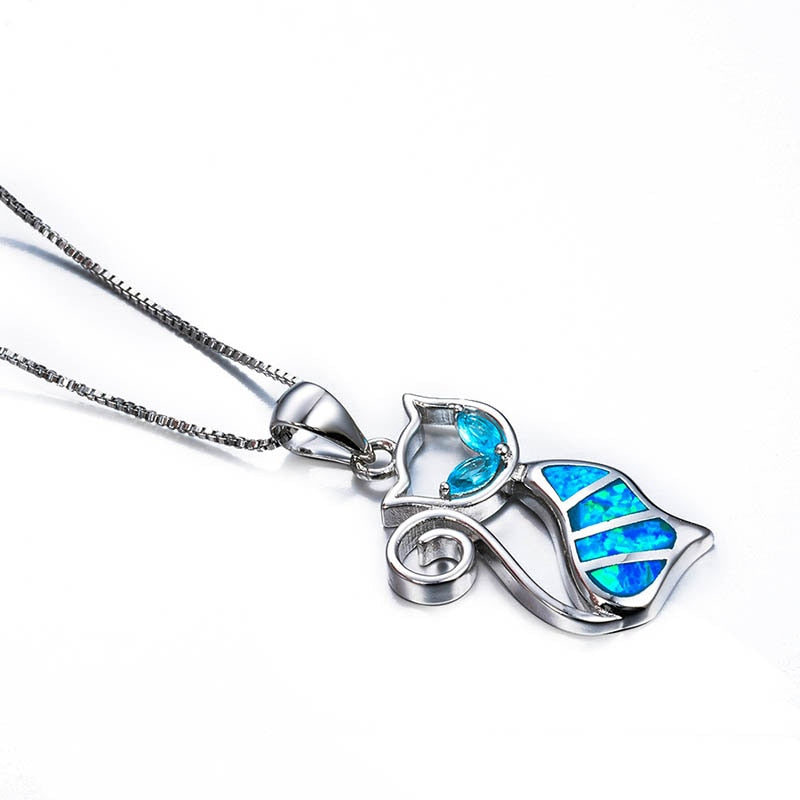 Damen Halskette 925 Sterling Silber mit Katze Blau verziert mit Saphir Edelsteinen Blau Gold Silber Weiß Schwarz