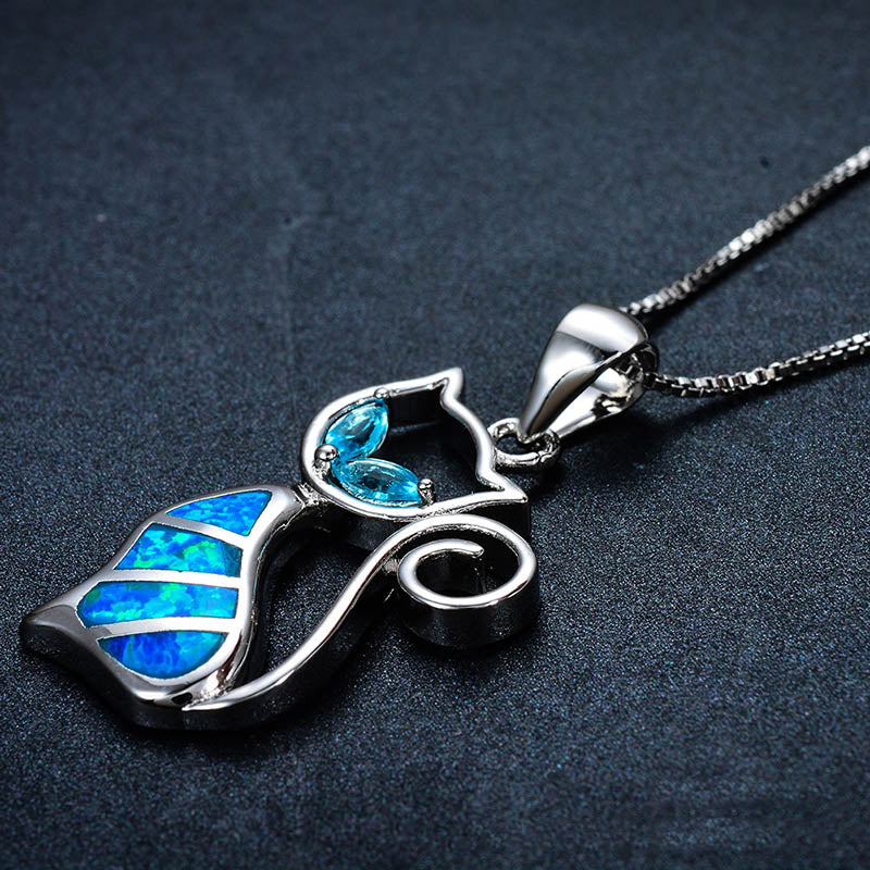 Damen Halskette 925 Sterling Silber mit Katze Blau verziert mit Saphir Edelsteinen Blau Gold Silber Weiß Schwarz