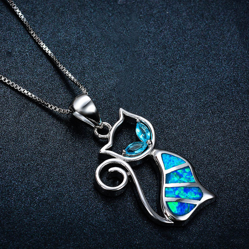 Damen Halskette 925 Sterling Silber mit Katze Blau verziert mit Saphir Edelsteinen Blau Gold Silber Weiß Schwarz