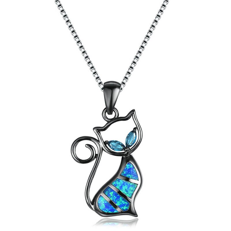 Damen Halskette 925 Sterling Silber mit Katze Blau verziert mit Saphir Edelsteinen Blau Gold Silber Weiß Schwarz